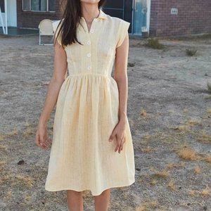 Christy Dawn S Small Dress Piper Midi Butter Yellow 100% Linen Cap Sleeve Button